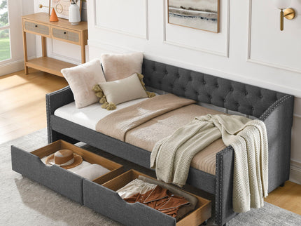 Upholstered Tufted Daybed With 2 Drawers, Waved Arms