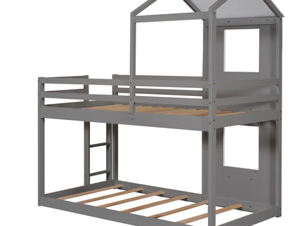 Bunk Bed Wood Bed & Roof, Window, Guardrail, Ladder