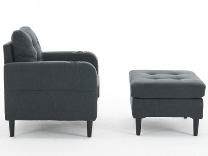 Upholstered Armchair And Storage Ottoman Set, Comfortable Single Sofa With Cup Holders And Tufted Detailing, Ideal For Living Room Or Bedroom