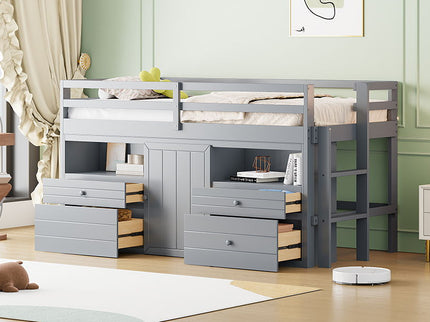 Loft Bed With 4 Drawers, Underneath Cabinet And Shelves