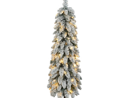 Slim Snow Flocked Pre Lit Pencil Christmas Tree, 3.9Ft / 5.9Ft / 7.9Ft With 750 Branch Tips, 480 LED Lights, Warm Glow, For Indoor Holiday Decor - White