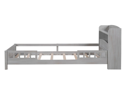Wood Platform Bed With Built In LED Light, Storage Headboard And Guardrail
