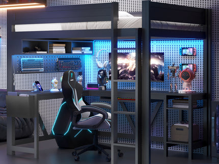 Gaming Loft Bed With Desk, Storage Shelves, LED And Charging Station