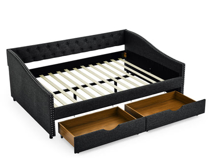 Upholstered Tufted Daybed With 2 Drawers, Waved Arms