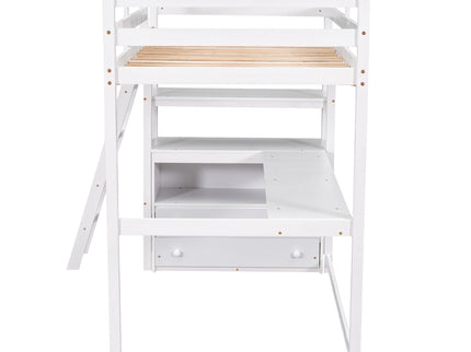 Modern Loft Bed With Built In Desk, Shelves, And 2 Drawers