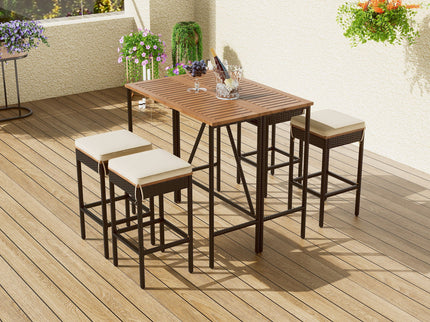 Outdoor Acacia Wood Bar Height Table And Eight Stools With Cushions