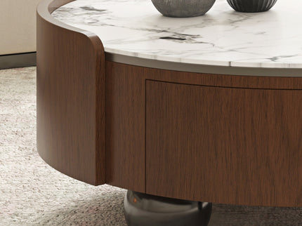 Round Coffee Table With Ball Feet, Dual Storage Drawers For Living Room - Walnut Brown