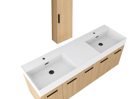 Floating Double Sink Bathroom Vanity Set With Tall Linen Cabinet, Extra Large Storage, Integrated Sink, Soft Close Doors - Glossy White / Light Oak
