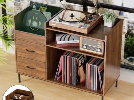 Eco-Friendly Vinyl Record Player Stand With Flip-Top Storage, Media Console With Dual Outlets And Dustproof Drawers
