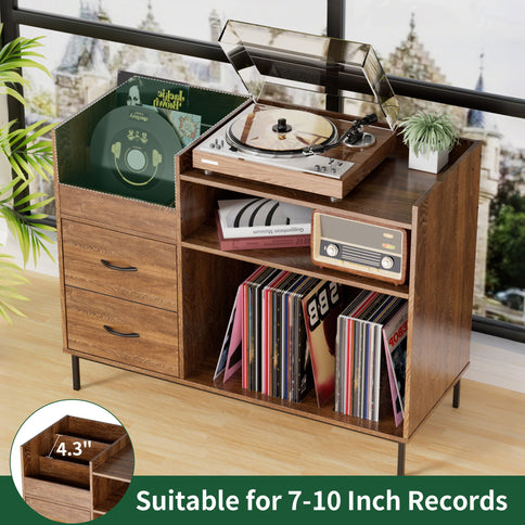 Eco-Friendly Vinyl Record Player Stand With Flip-Top Storage, Media Console With Dual Outlets And Dustproof Drawers