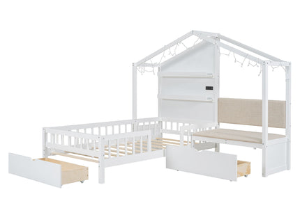 House Bed With Upholstered Sofa, Wireless Charging Station, Shelves And 2 Drawers