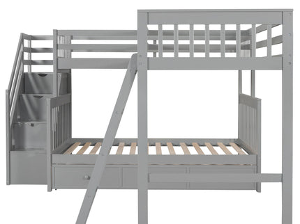 Solid L Shaped Bunk Bed With 3 Drawers, Ladder And Staircase