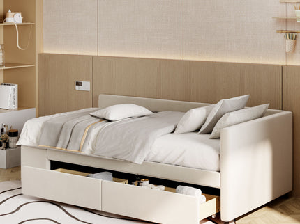 L Shaped Upholstered Platform Bed With Storage And Drawers