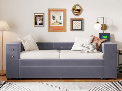 Upholstered Bed With Storage And Twin Trundle, USB Charging Ports