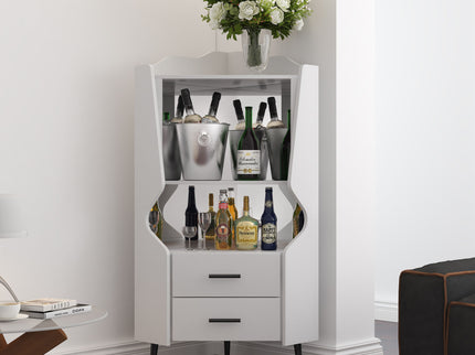 Corner Bar Cabinet With Mirrored Back, 2 Open Shelves & 2 Drawers, High Legs For Easy Cleaning