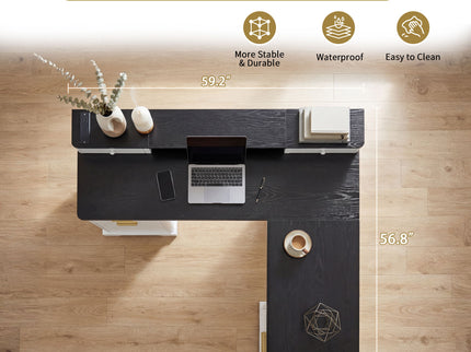 Fluted L-Shaped Desk With Charging Station & Storage Cabinet