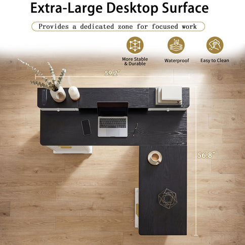Fluted L-Shaped Desk With Charging Station & Storage Cabinet