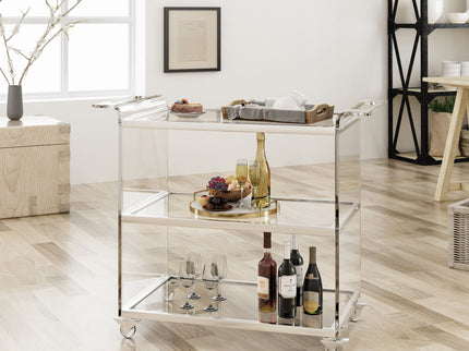 Elegant Acrylic Bar Cart With Tempered Glass Shelves And Rattan Metal Frame - Clear