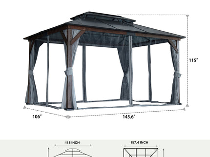 10' x 13' Hardtop Wood Gazebo For Patios, Outdoor Framed Gazebo With Polycarbonate Double Roof Canopy, Solid Wooden Framed Gazebo With Privacy Curtains And Mosquito Nettings For Garden, Backyard - Black