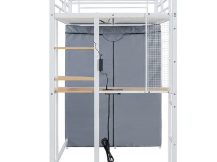 Loft Bed With Desk, Shelves, Power Outlet, LED Light And Wardrobe