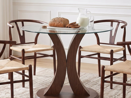 2 In 1 Round Glass Dining Table With Adjustable Curved Base, - Transparent / Walnut