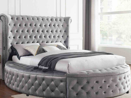 Glam Button Tufted Wingback Round Bed With Storage And USB Ports