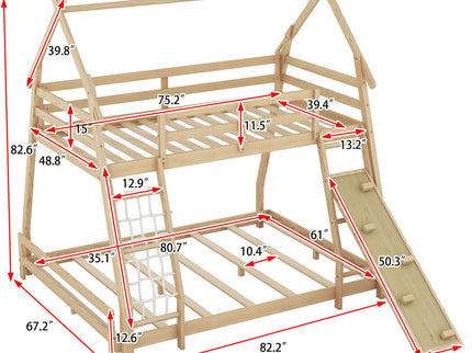 Twin Over Queen House Bunk Bed With Climbing Nets And Climbing Ramp