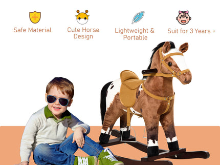 Qaba - Kids Metal Plush Ride-On Rocking Horse Chair Toy With Realistic Sounds - Dark Brown / White