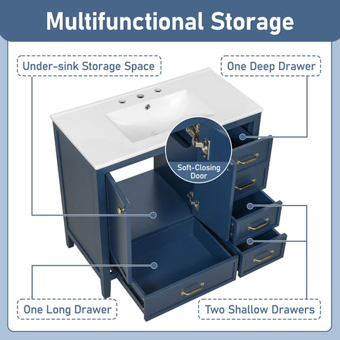 Elegant Vintage Bathroom Vanity & Sink And Soft Closing Door, 4 Drawers Of Different Sizes Frame