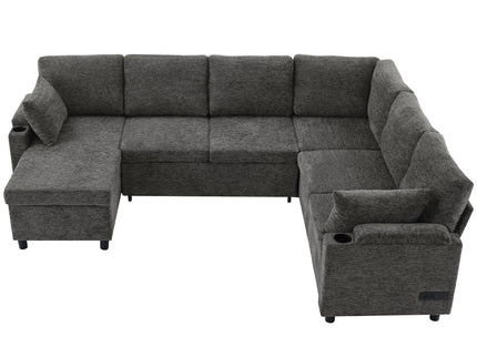 U-Shaped Sectional Sleeper Sofa With Ample Storage Space, 2 Cup Holders And Charging Ports For Living Room