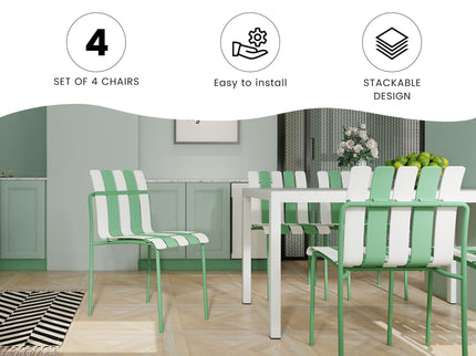 4 Piece Set Of Color Block Designed Single Chairs & Round Table - Cream White / Haze Green / White