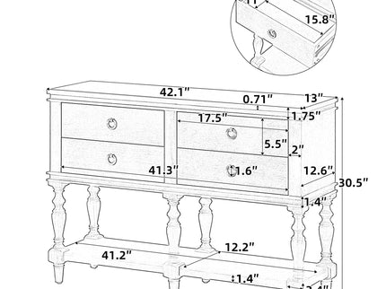 Console Table With 4 Soft Close Drawers, Thick Bottom Shelf For Living Room - Natural