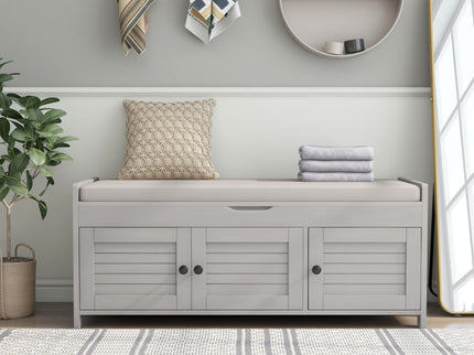 Storage Bench With 3 Shutter-Shaped Doors, Shoe Bench With Removable Cushion And Hidden Storage Space