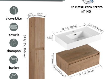 Modern Wall Mounted 30 Inch Bathroom Vanity With Resin Sink And 2 Side Cabinet In Imitative - Imitative Oak