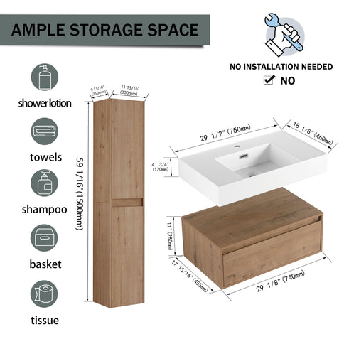 Modern Wall Mounted 30 Inch Bathroom Vanity With Resin Sink And 2 Side Cabinet In Imitative - Imitative Oak