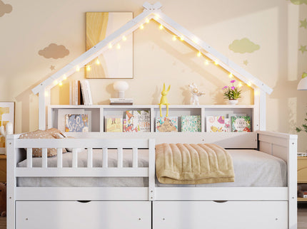 House Style Platform Bed With LED Lights, Storage Shelves, Drawers, And Guardrail