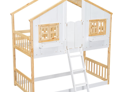 House Bunk Bed With Roof, Window, Window Box, Door, With Safety Guardrails And Ladder