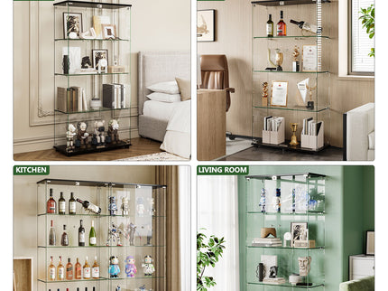 Modern Glass Display Cabinet With 4 Shelf Double Doors And Lock, Tempered Glass Bookshelf For Living Room - Black