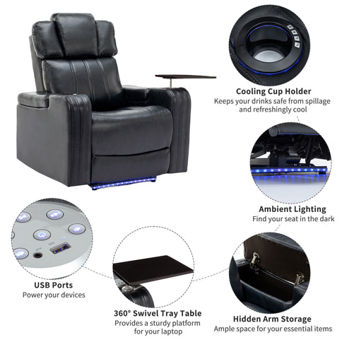 Power Recliner Theater Chair With Cooling Cup Holder, tooth Speaker, LED Lights, USB Ports