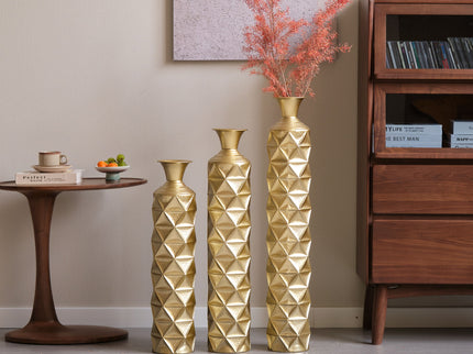 Metal Decorative Vase High Distress Metal Center Vase With 3D Triangle Pattern, (Set of 3) Vases For Home Decoration - Gold