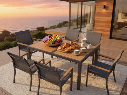 7 Piece Gray Aluminum Patio Dining Set With Textilene Chairs For Outdoor Living Frame With Accents, 59" Rectangle Table, All Weather Durable