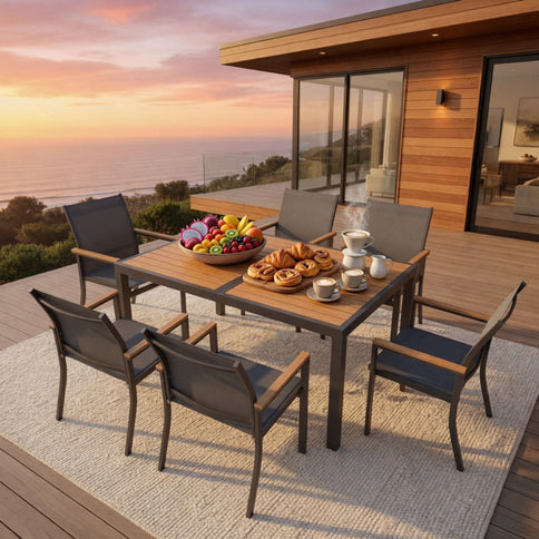 7 Piece Gray Aluminum Patio Dining Set With Textilene Chairs For Outdoor Living Frame With Accents, 59" Rectangle Table, All Weather Durable