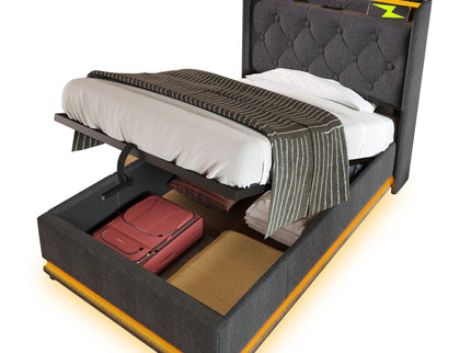 Upholstered Bed, 360 Surround LED Function, Remote Control, Hydraulic Storage Bed With USB, Type-C Charging (Without Mattress)