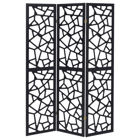 3 Panel Folding Screen With Mosaic Cutout Design - Black