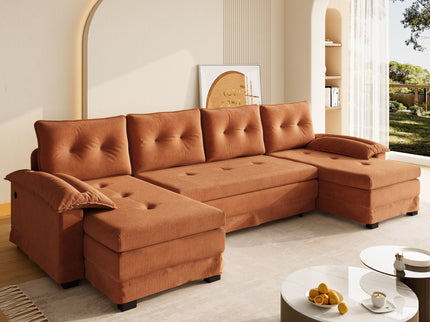 U-Shaped Sleeper Sofa With Pull Out Bed, Removable Armrests & USB Ports For Living Room