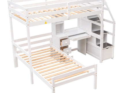 Loft Bed With Stand Alone Bed, Storage Staircase, Desk, Shelves, And Drawers