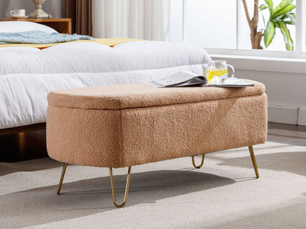 Storage Ottoman Bench For End Of Bed Legs, Modern Camel Faux Fur Entryway Bench Upholstered Padded With Storage For Living Room Bedroom