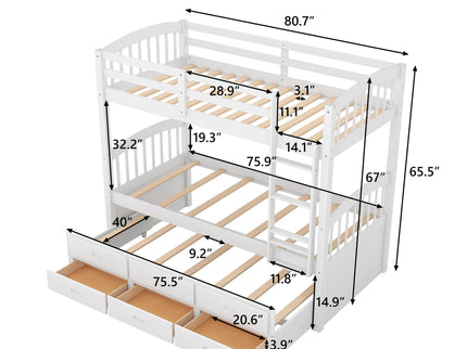 Bunk Bed With Trundle And Drawers, Arched Headboard And Footboard