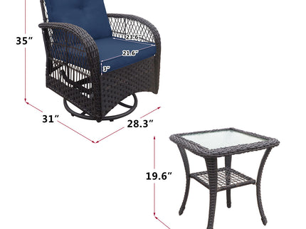 3 Pieces Conversation Set, Outdoor Wicker Rocker Swivel Patio Bistro Set, Rocking Chair With Glass Top Side Table