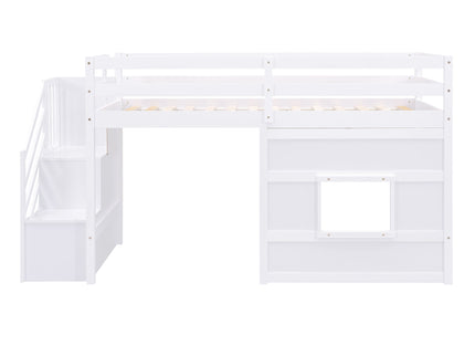Loft Bed With Storage Staircase, Window & LED Light